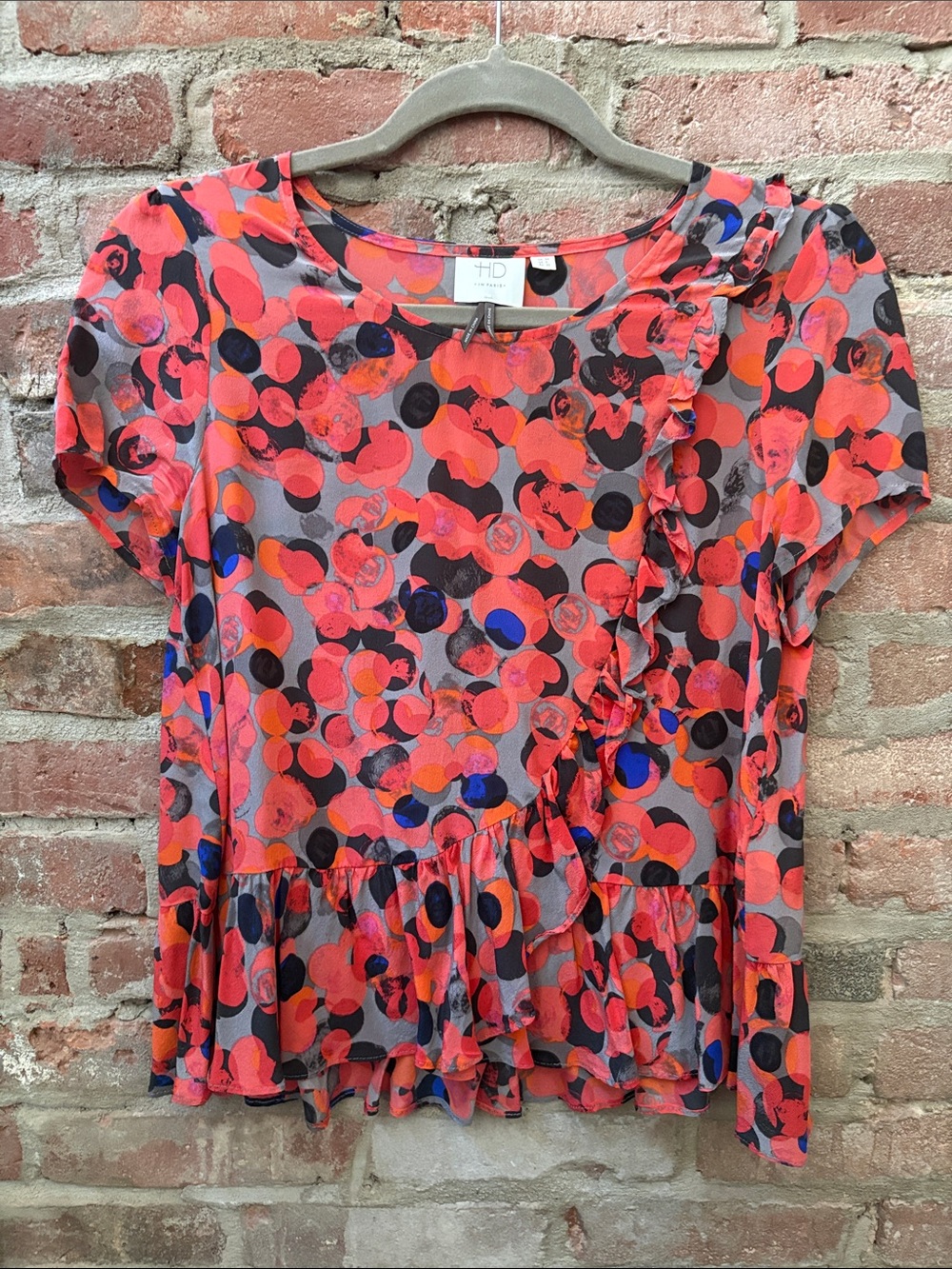 Anthropologie Coral Multi-Color Ruffle Short Sleeve Top - 100% silk